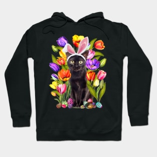 Cat Bunny Ears And Tulip Flowers Happy Easter Day Hoodie